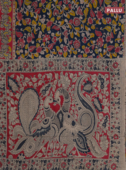 Kalamkari cotton saree peacock green and candy pink with allover prints and printed border