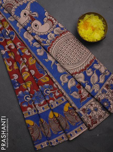 Kalamkari cotton saree maroon and blue with allover prints and printed border
