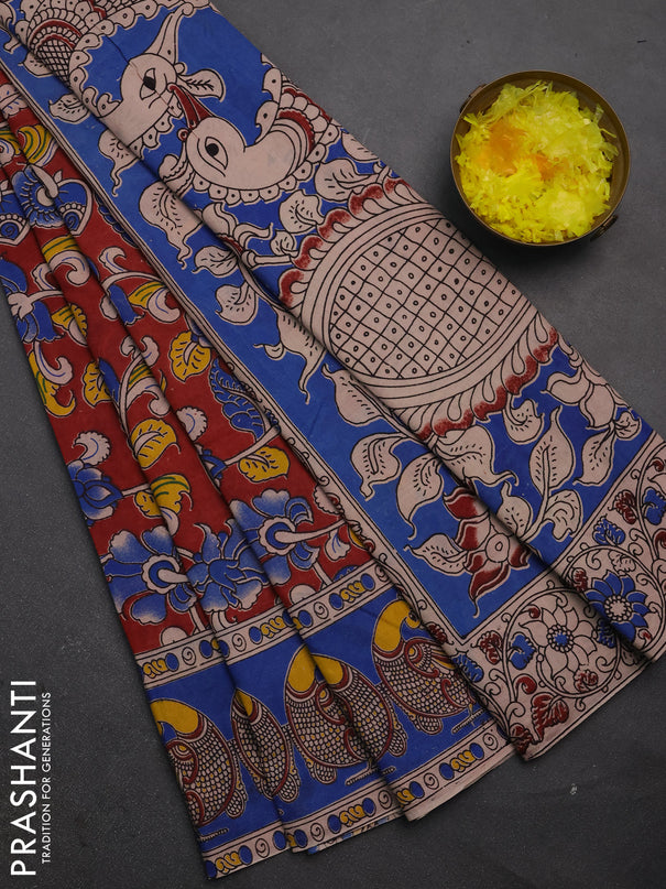 Kalamkari cotton saree maroon and blue with allover prints and printed border