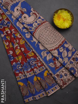 Kalamkari cotton saree maroon and blue with allover prints and printed border