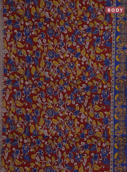 Kalamkari cotton saree maroon and blue with allover prints and printed border