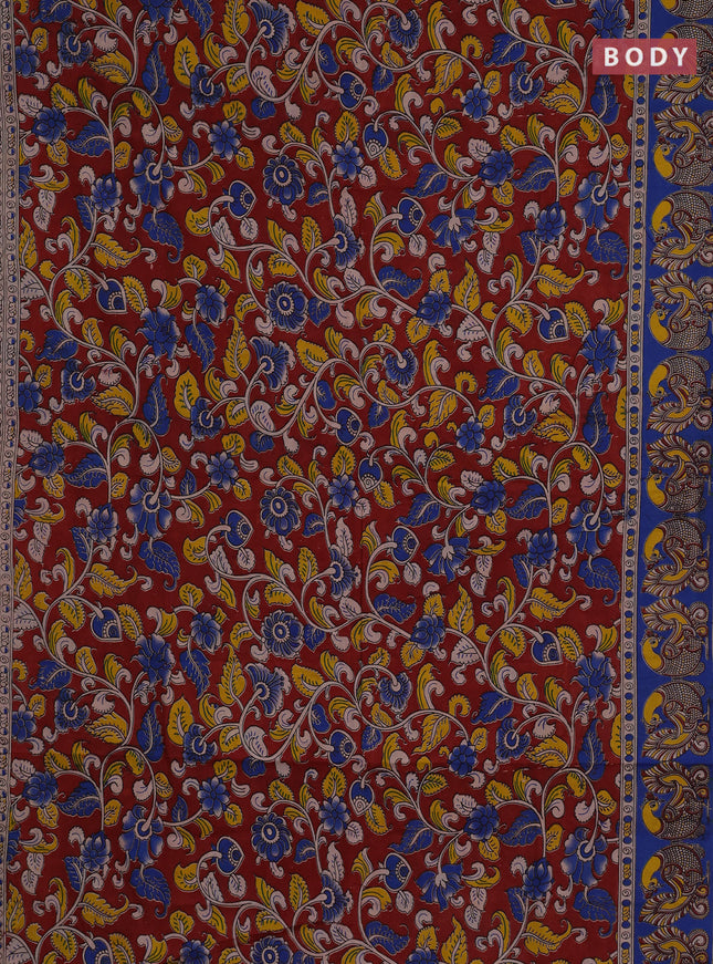 Kalamkari cotton saree maroon and blue with allover prints and printed border