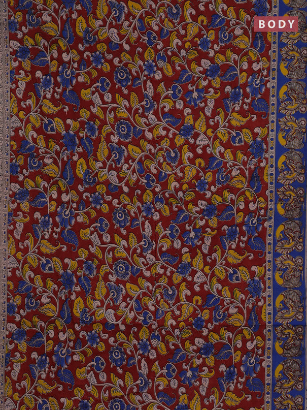 Kalamkari cotton saree maroon and blue with allover prints and printed border