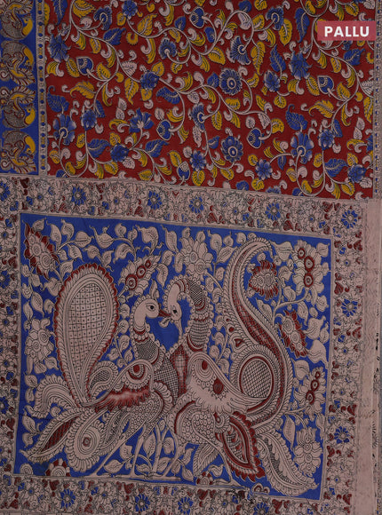 Kalamkari cotton saree maroon and blue with allover prints and printed border