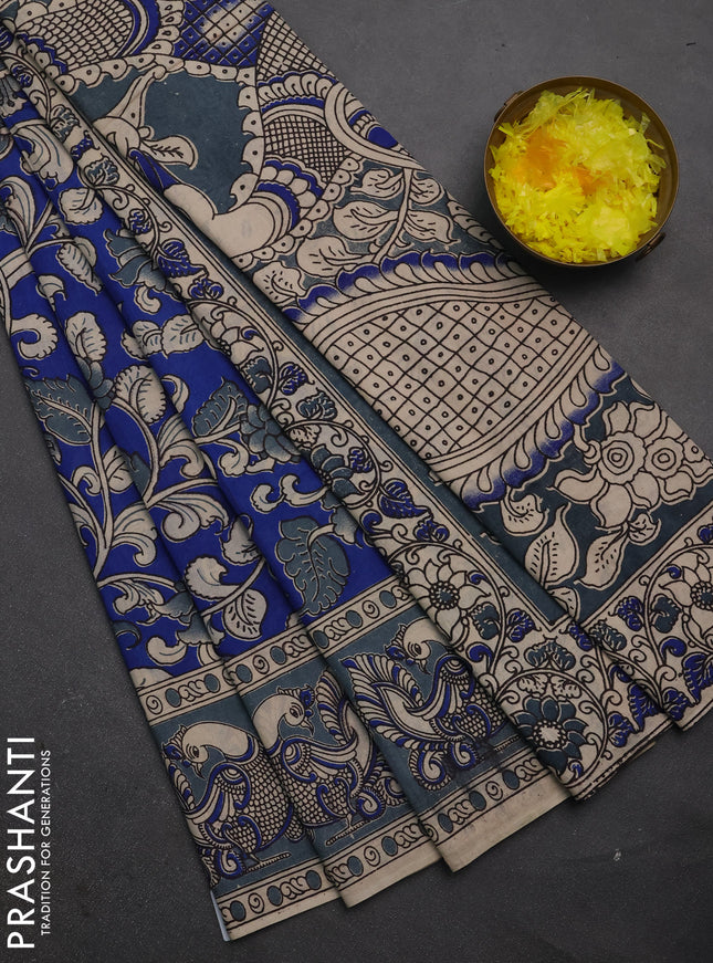 Kalamkari cotton saree blue and grey with allover prints and printed border