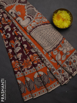 Kalamkari cotton saree deep wine shade and orange with allover prints and printed border