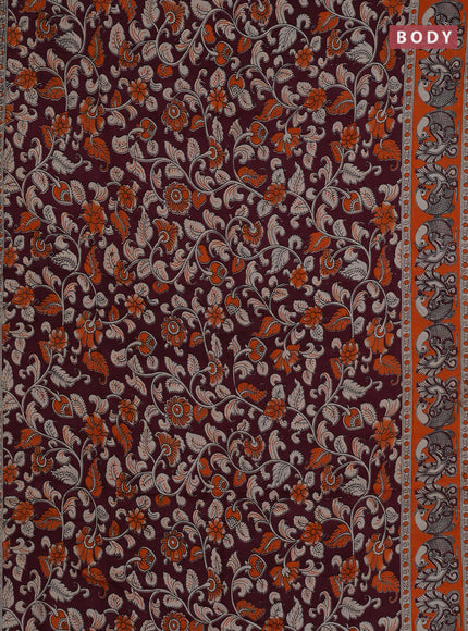 Kalamkari cotton saree deep wine shade and orange with allover prints and printed border