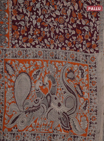 Kalamkari cotton saree deep wine shade and orange with allover prints and printed border