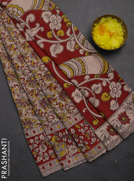 Kalamkari cotton saree beige and maroon with allover prints and printed border