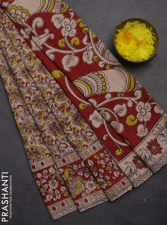 Kalamkari cotton saree beige and maroon with allover prints and printed border