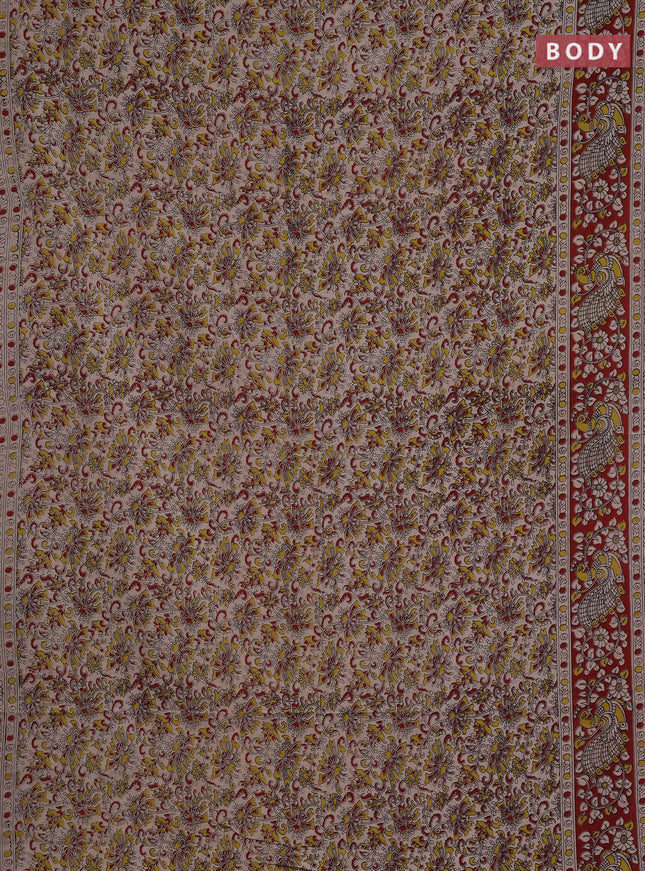 Kalamkari cotton saree beige and maroon with allover prints and printed border