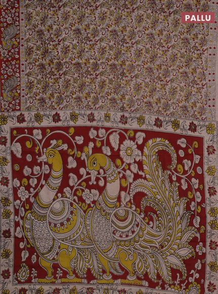 Kalamkari cotton saree beige and maroon with allover prints and printed border