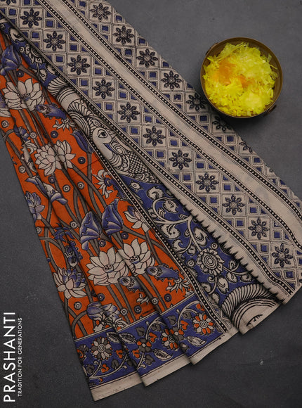 Kalamkari cotton saree orange and blue with allover prints and printed border