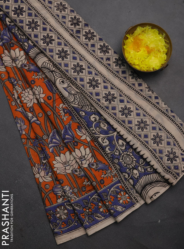 Kalamkari cotton saree orange and blue with allover prints and printed border