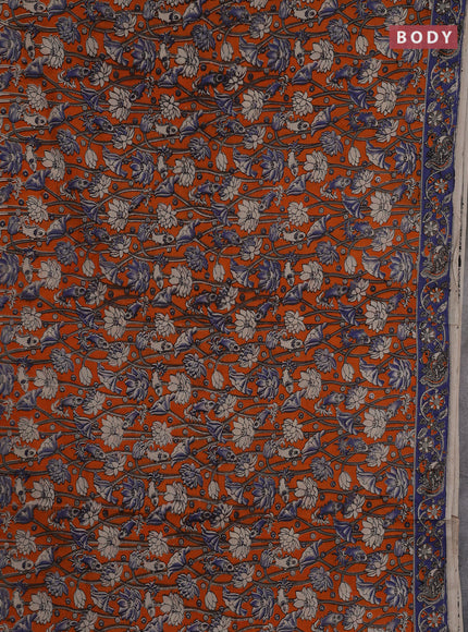 Kalamkari cotton saree orange and blue with allover prints and printed border