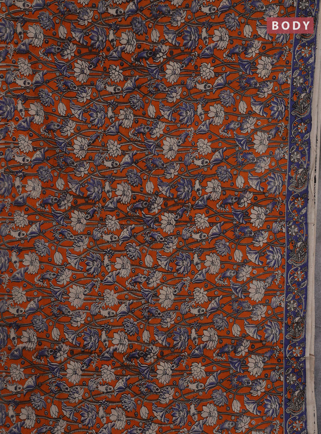 Kalamkari cotton saree orange and blue with allover prints and printed border