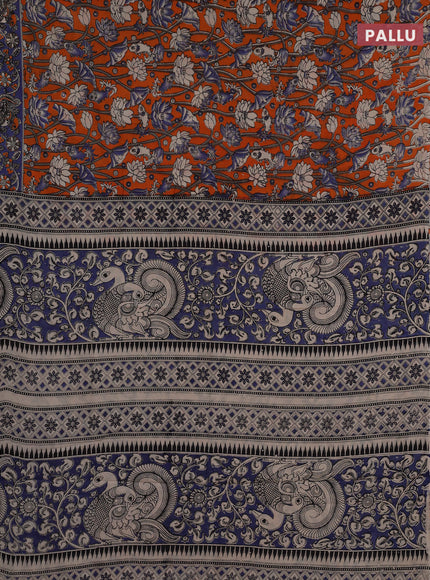 Kalamkari cotton saree orange and blue with allover prints and printed border