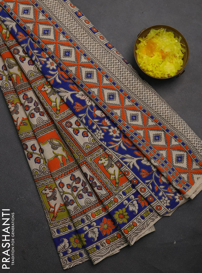 Kalamkari cotton saree light green orange and blue with allover pichwai prints and printed border