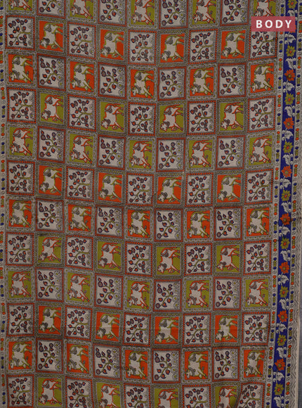 Kalamkari cotton saree light green orange and blue with allover pichwai prints and printed border