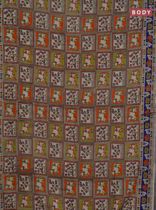 Kalamkari cotton saree light green orange and blue with allover pichwai prints and printed border