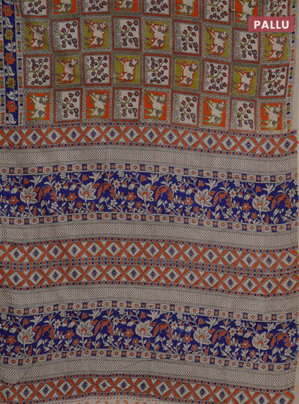 Kalamkari cotton saree light green orange and blue with allover pichwai prints and printed border