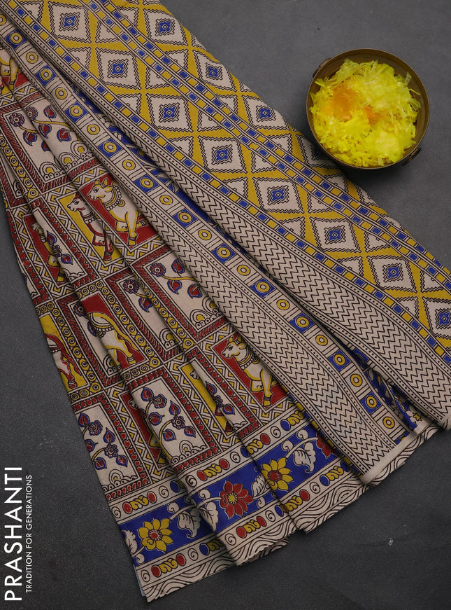 Kalamkari cotton saree maroon and blue with allover pichwai prints and printed border