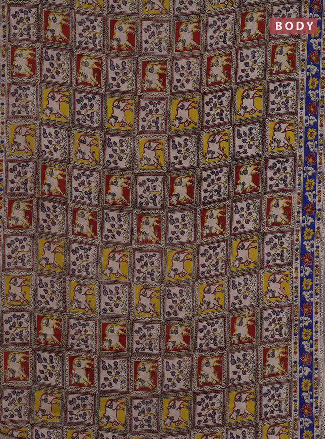Kalamkari cotton saree maroon and blue with allover pichwai prints and printed border