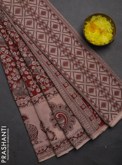 Kalamkari cotton saree maroon and beige with allover prints and long printed border