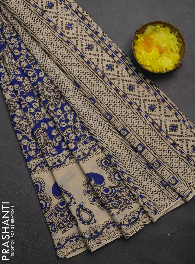 Kalamkari cotton saree blue and beige with allover prints and long printed border