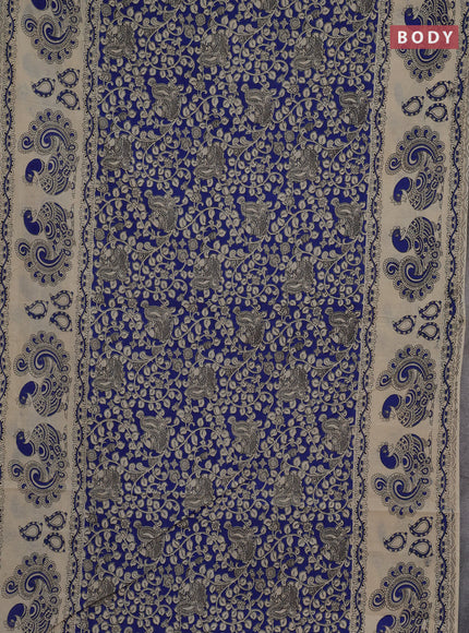 Kalamkari cotton saree blue and beige with allover prints and long printed border