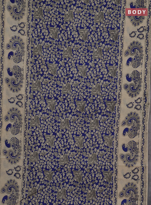 Kalamkari cotton saree blue and beige with allover prints and long printed border