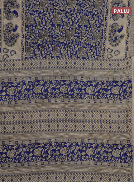 Kalamkari cotton saree blue and beige with allover prints and long printed border