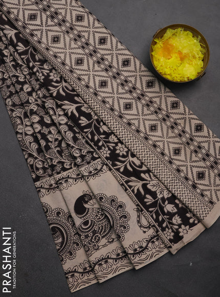 Kalamkari cotton saree black and beige with allover prints and long printed border