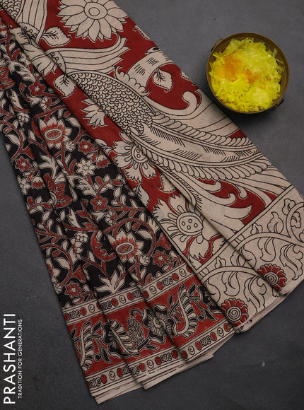 Kalamkari cotton saree black and maroon with allover prints and printed border