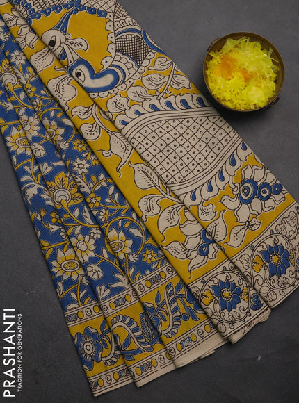 Kalamkari cotton saree blue and yellow with allover prints and printed border
