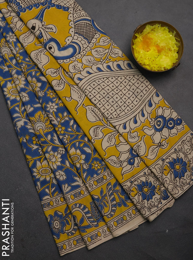 Kalamkari cotton saree blue and yellow with allover prints and printed border