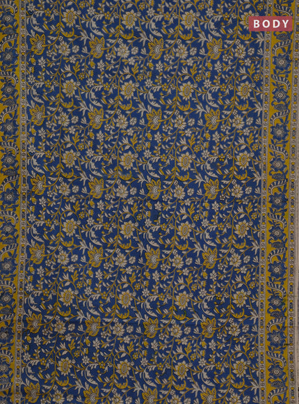 Kalamkari cotton saree blue and yellow with allover prints and printed border
