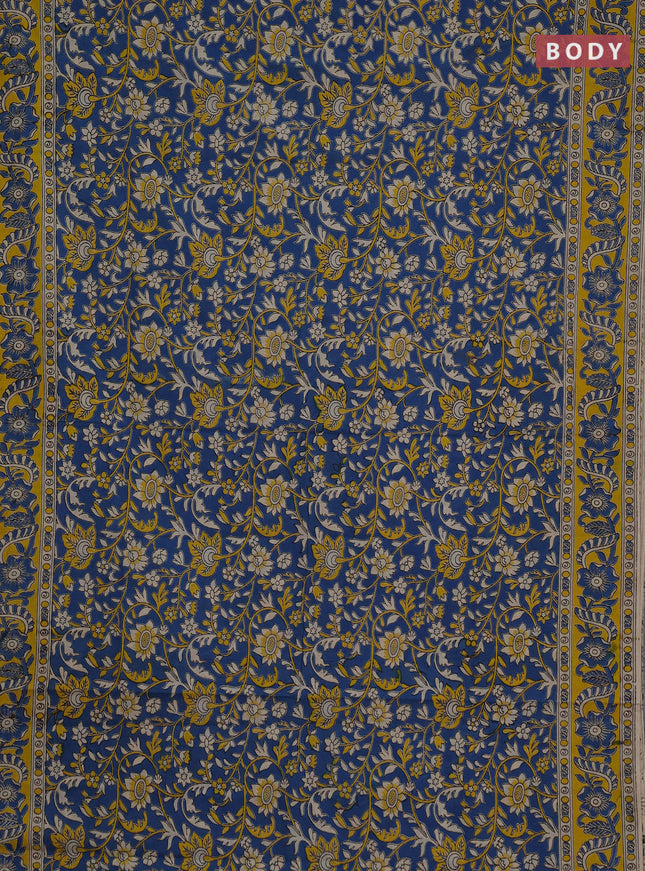 Kalamkari cotton saree blue and yellow with allover prints and printed border