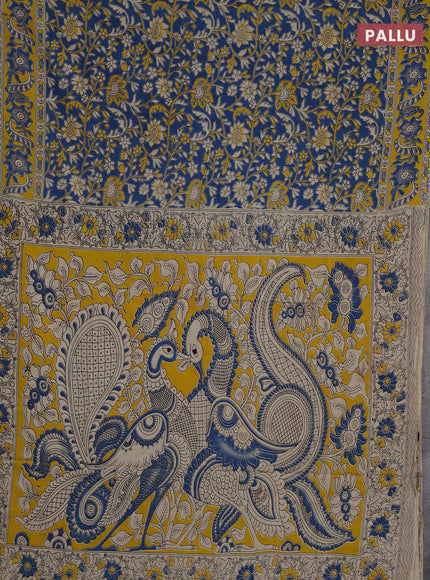Kalamkari cotton saree blue and yellow with allover prints and printed border