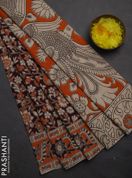 Kalamkari cotton saree deep wine shade and orange with allover prints and printed border