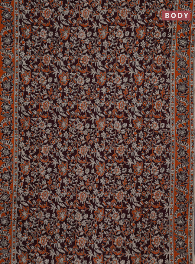 Kalamkari cotton saree deep wine shade and orange with allover prints and printed border
