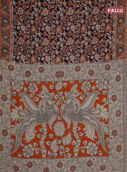 Kalamkari cotton saree deep wine shade and orange with allover prints and printed border