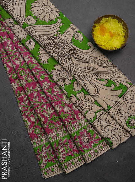 Kalamkari cotton saree pink and light green with allover prints and printed border