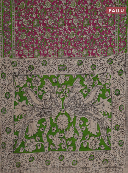 Kalamkari cotton saree pink and light green with allover prints and printed border