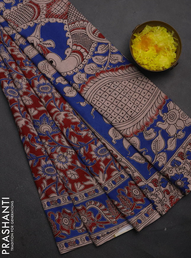 Kalamkari cotton saree maroon and blue with allover prints and printed border
