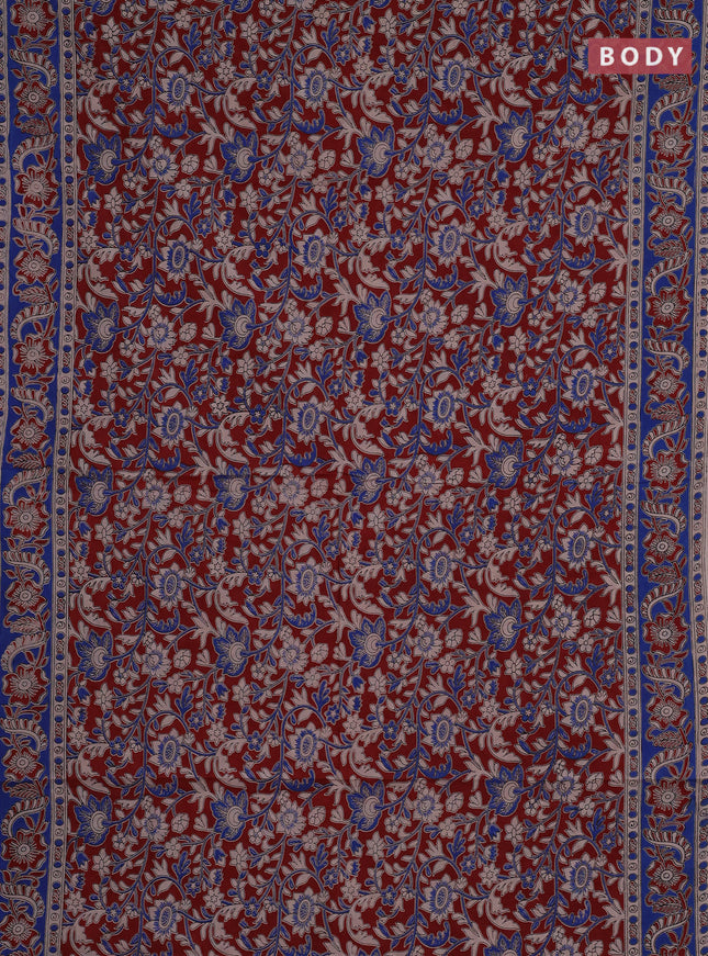 Kalamkari cotton saree maroon and blue with allover prints and printed border