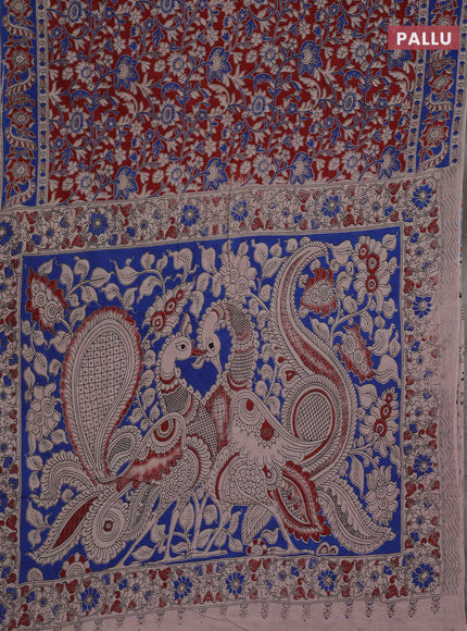 Kalamkari cotton saree maroon and blue with allover prints and printed border