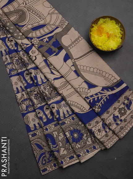 Kalamkari cotton saree beige blue and grey with allover prints and printed border
