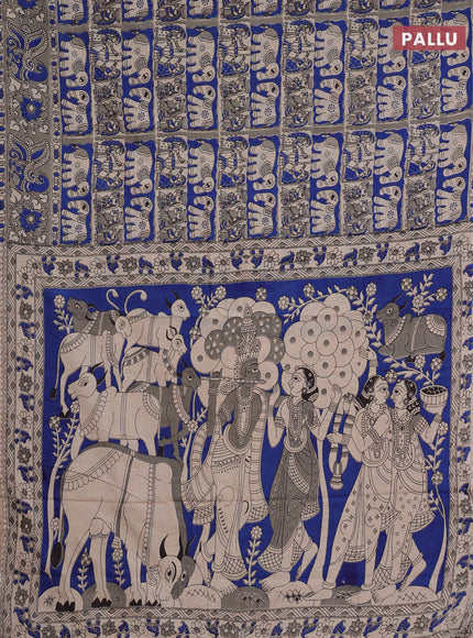 Kalamkari cotton saree beige blue and grey with allover prints and printed border