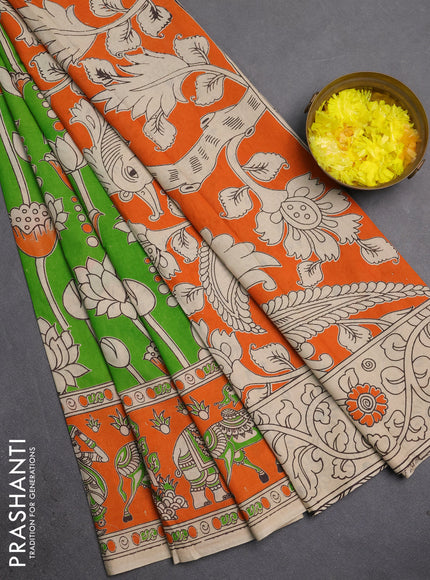Kalamkari cotton saree green and orange with allover prints and printed border